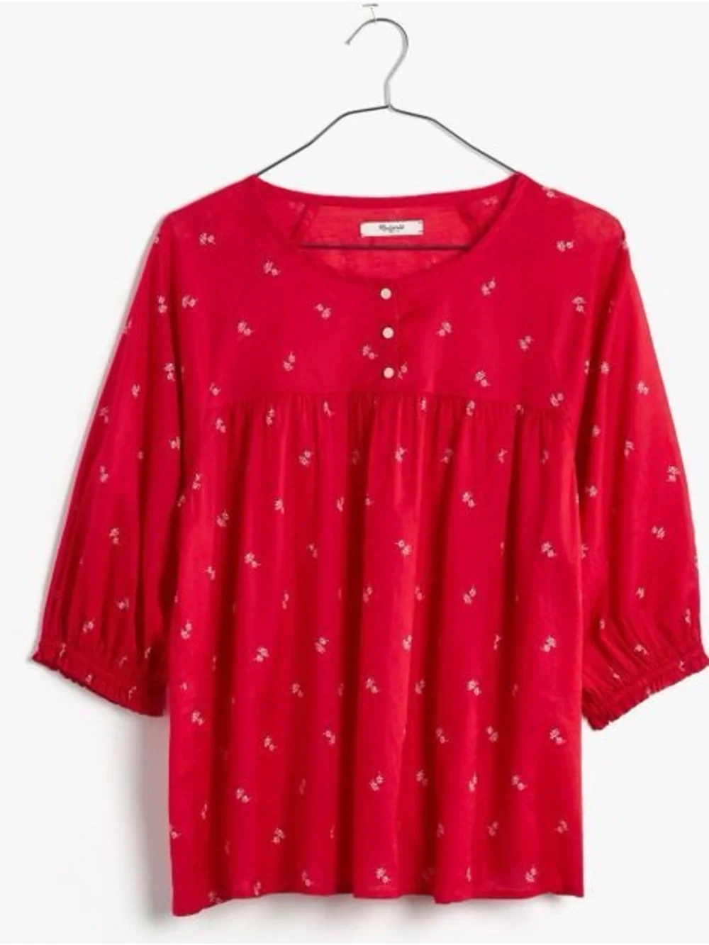 Madewell Red Floral Cotton Peasant Blouse Puff Sleeve Boho Top Small
